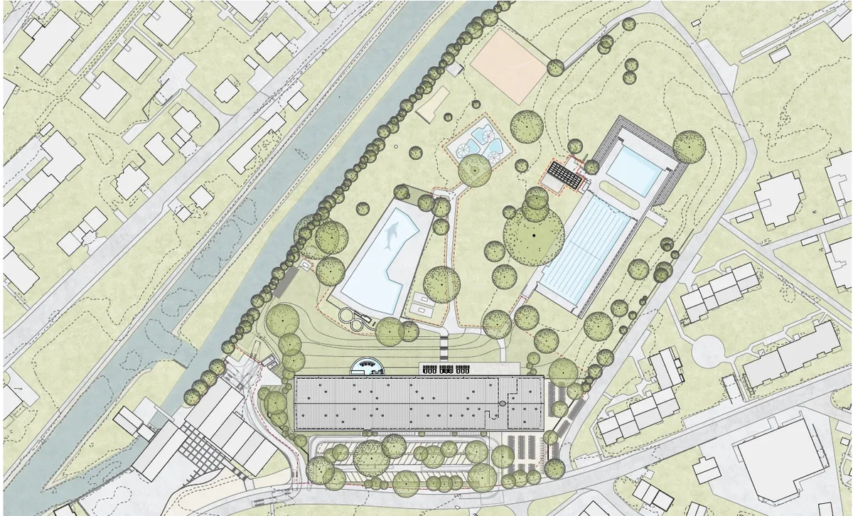 Visualisierung und Grundrisse Hallenbadprojekt Dübendorf
